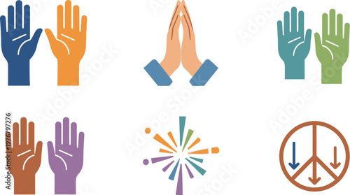 Hands arranged in various gestures represent a diverse collection of spiritual symbols and human expressions in this colorful icon set.