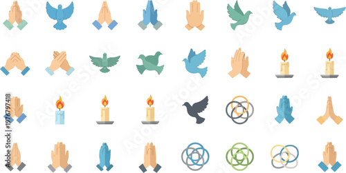 Praying hands icons combined with doves and candles provide a comprehensive set of religious symbols for design work.