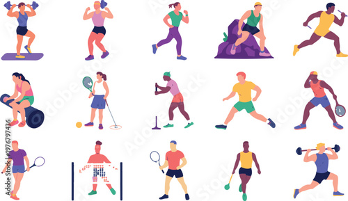 Colorful collection of athletes performing various sports and fitness activities illustration