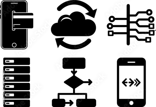 Black icons depicting mobile payments, Cloud storage, Circuit board, Servers, Flowchart, And smartphone with code symbols on white background for business and technology concepts