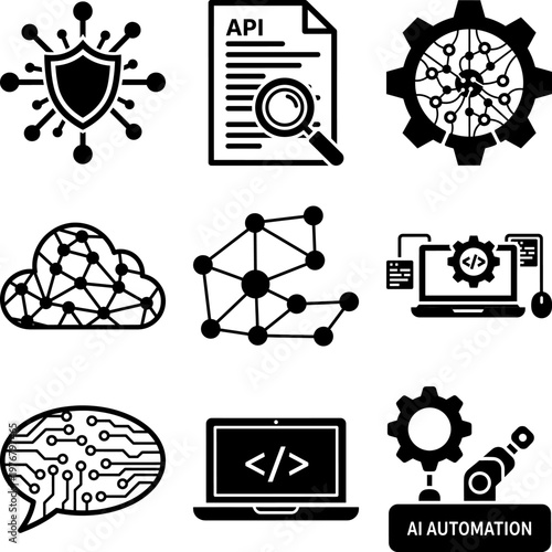 Collection of modern technology and automation icons for business and software development