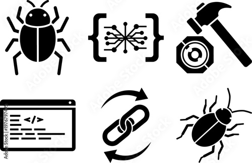 Black icons of bug, Coding, Link, Hammer and wrench on white background for software development and debugging concepts