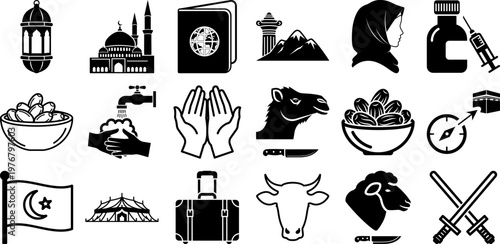 Black icons representing Eid al-Adha and travel preparation