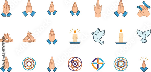 Praying hands icons depicting various religious gestures are arranged in a grid for spiritual design projects.
