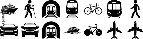 Transportation modes icons including cruise ship, Walking, Train, Bicycle, And airplane
