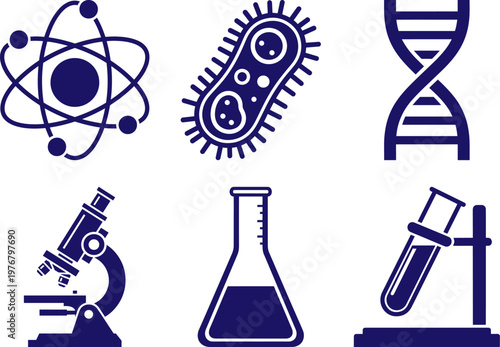 Science and laboratory icons including atom, Microbe, DNA, Microscope, Flask, And test tube on white background