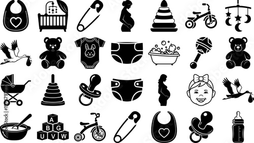Black and white baby icons set including stroller onesie bib