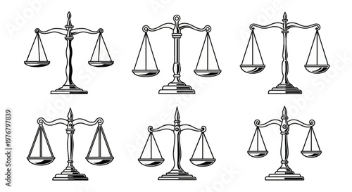 Collection of six vintage scales of justice illustrations in black and white linework. These legal symbols of balance and equity feature various ornate designs on a plain white background.
