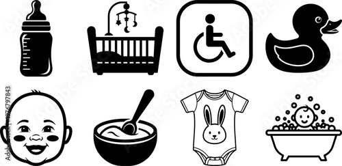 Collection of baby care and parenting icons including baby bottle, Crib, Rubber duck, Baby clothes and bath