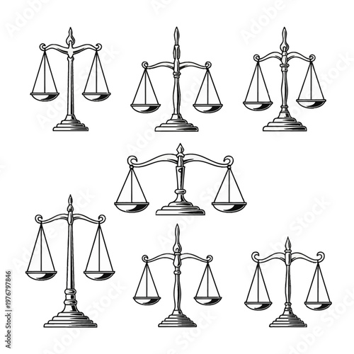 Set of seven different vintage scales of justice illustrations in black and white vector line art. Ornate legal balance symbols for law, equality, and courthouse concepts.