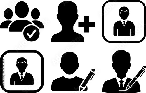 Black silhouettes of business people icons with checkmark and pencil