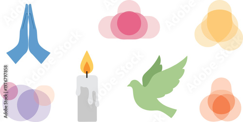 Graphics featuring prayer hands and doves of peace combine with soft abstract circles to create a harmonious atmosphere for spiritual or wellness themes.