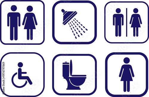 Restroom and bathroom icons including disabled access and shower symbol