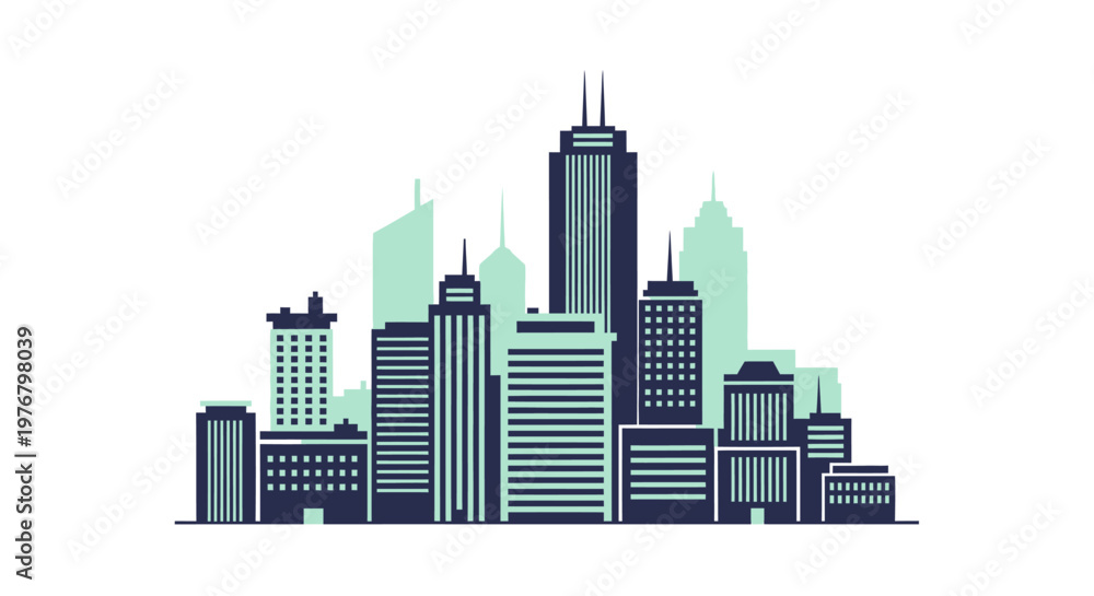 Fototapeta premium Modern City Skyline Silhouette with Mint Green and Dark Blue Buildings