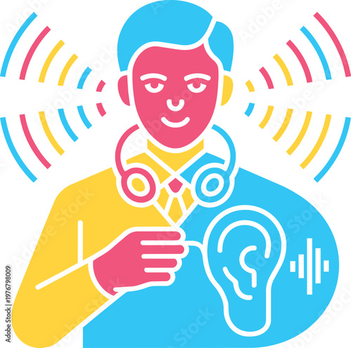 Man With Headphones Listening To Sound Waves And Holding Ear Icon