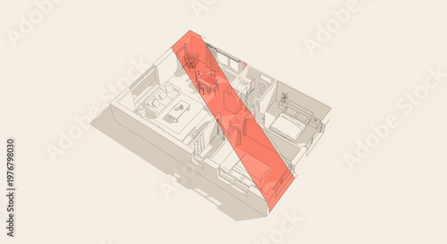 3D Isometric Floor Plan with Red Highlighted Section, Architectural Visualization