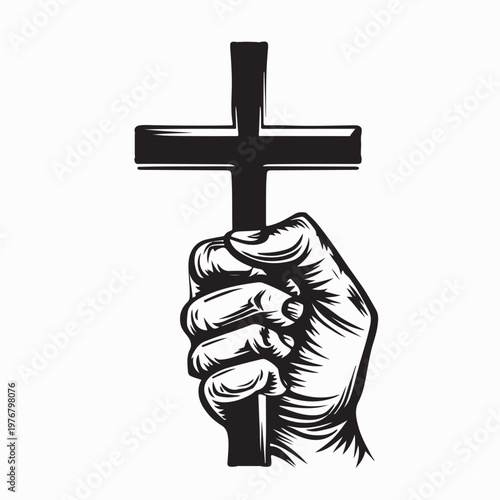 Hand Holding Christian Cross Vector Illustration On White Background