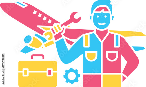Aircraft Mechanic With Wrench And Toolbox Illustration