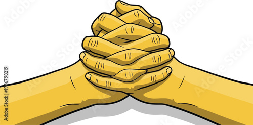 Interlocked fingers represent a gesture of unity, solidarity, and strong personal connection through a stylized yellow graphic illustration.