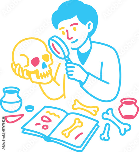 Archaeologist Examining Skull With Magnifying Glass, Open Book, And Bones