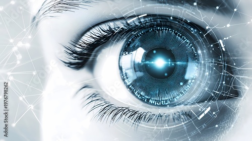 Close Up of Female Eye with Futuristic HUD Interface Digital Biometric Scan and High Tech Vision Concept for Security and AI