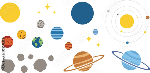 Solar system planets, stars, and asteroids orbit in a celestial display of space exploration and scientific discovery for educational graphic projects.