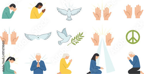 Spiritual icons feature people kneeling in prayer, open palms, peace doves, and olive branches to communicate themes of hope, meditation, and tranquility.