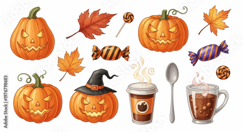 Halloween and autumn illustration collection featuring carved jack-o'-lantern pumpkins, maple leaves, striped candies, lollipops, hot coffee paper cups, and cocoa on white background.