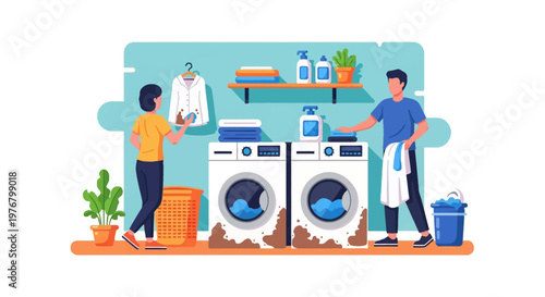 Flat vector illustration of a man and woman doing laundry in a utility room with two front-loading washing machines, cleaning supplies, folded towels, and a laundry basket.