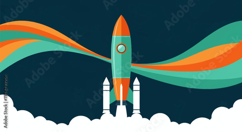Stylized vector illustration of an orange and teal rocket ship launching upwards from white clouds with flowing orange and green wave trails on a dark blue background.