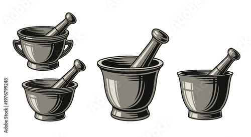 Vector illustration set of four different vintage metal mortar and pestle sets isolated on a white background, featuring antique culinary and pharmaceutical grinding tools.