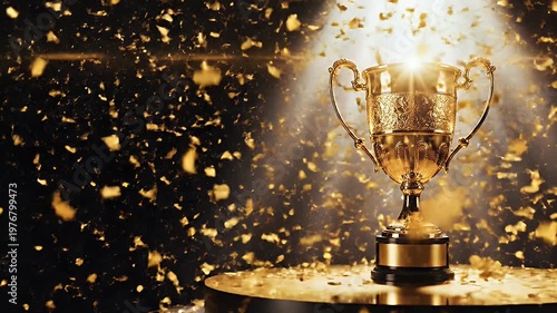 A gleaming golden trophy stands proudly on a circular pedestal, illuminated by a dramatic spotlight and surrounded by shimmering confetti against a dark background.