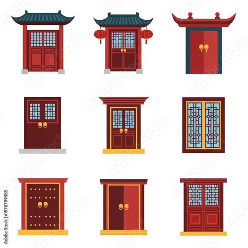 Flat vector illustration set of traditional Chinese architectural gates and doors featuring red wood frames, pagoda style tiled roofs, paper screens, and golden door knockers.