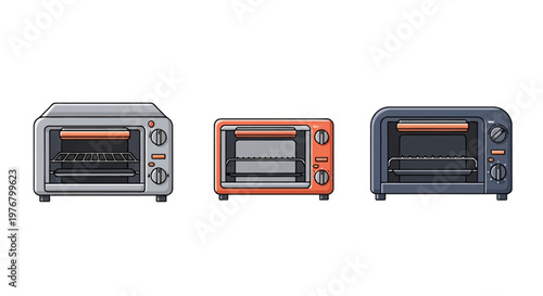 Set of three vector illustrations showing different electric countertop toaster ovens in gray, orange, and charcoal colors with glass doors, control dials, and internal racks on white.