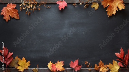 Black school board background with copy space for text, surrounded by autumn leaves, seasonal back to school concept with empty chalkboard and fall foliage creating warm academic atmosphere