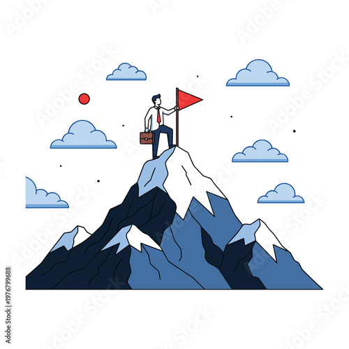 Businessman Reaching Mountain Summit with Flag, Symbolizing Success and Achievement