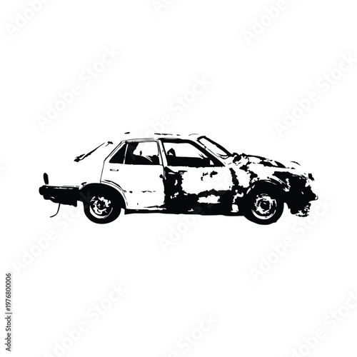 Vintage retro illustration of wrecked car damaged vehicle black and white grunge style vector art