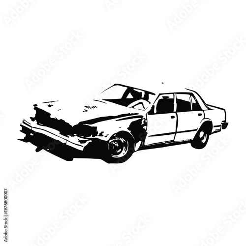 Vintage retro illustration of wrecked car damaged vehicle black and white grunge style vector art