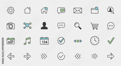 A collection of 35 minimalist line icons representing common digital interface elements and actions, displayed on a light gray background.