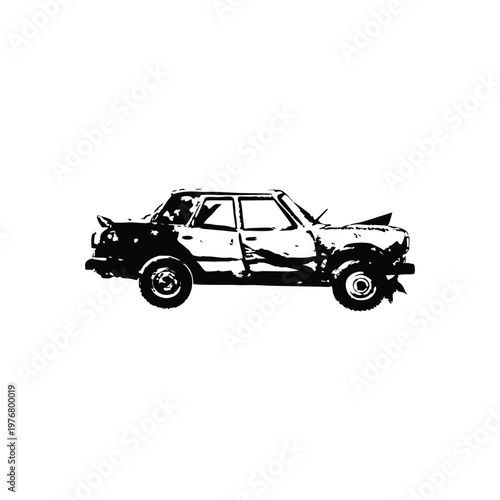 Vintage retro illustration of wrecked car damaged vehicle black and white grunge style vector art