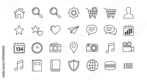 A collection of 36 simple, black and white line art icons representing various common concepts and activities.