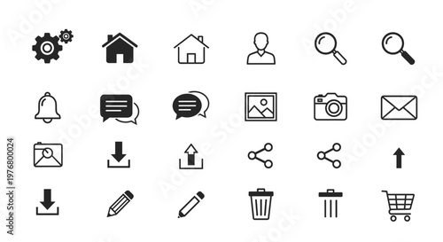 A collection of 24 minimalist black and white line icons representing various common digital interface elements and actions.