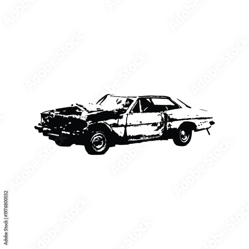Vintage retro illustration of wrecked car damaged vehicle black and white grunge style vector art