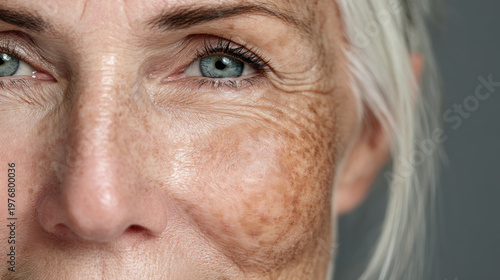 Detailed portrait of older woman skin with wrinkles and pigmentation, highlighting real aging beauty.