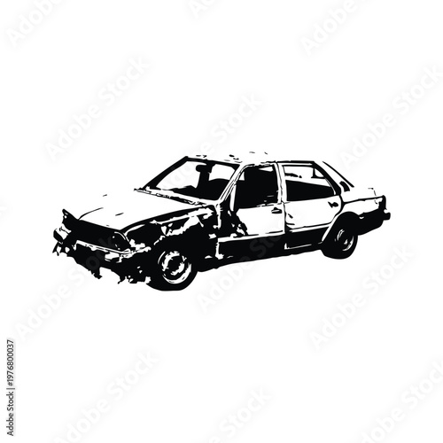 Vintage retro illustration of wrecked car damaged vehicle black and white grunge style vector art