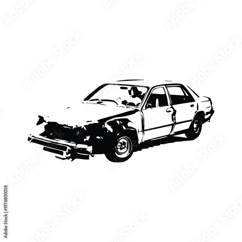 Vintage retro illustration of wrecked car damaged vehicle black and white grunge style vector art