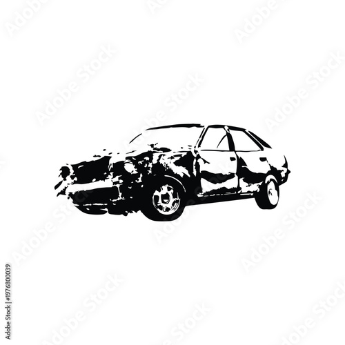 Vintage retro illustration of wrecked car damaged vehicle black and white grunge style vector art