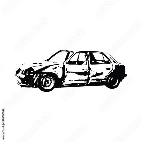 Vintage retro illustration of wrecked car damaged vehicle black and white grunge style vector art