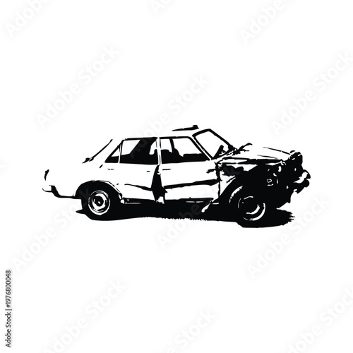 Vintage retro illustration of wrecked car damaged vehicle black and white grunge style vector art