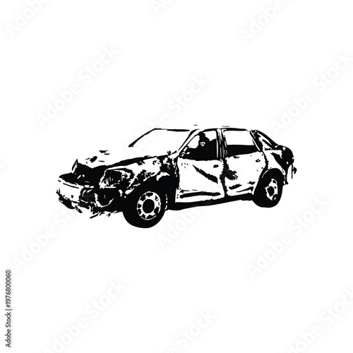 Vintage retro illustration of wrecked car damaged vehicle black and white grunge style vector art